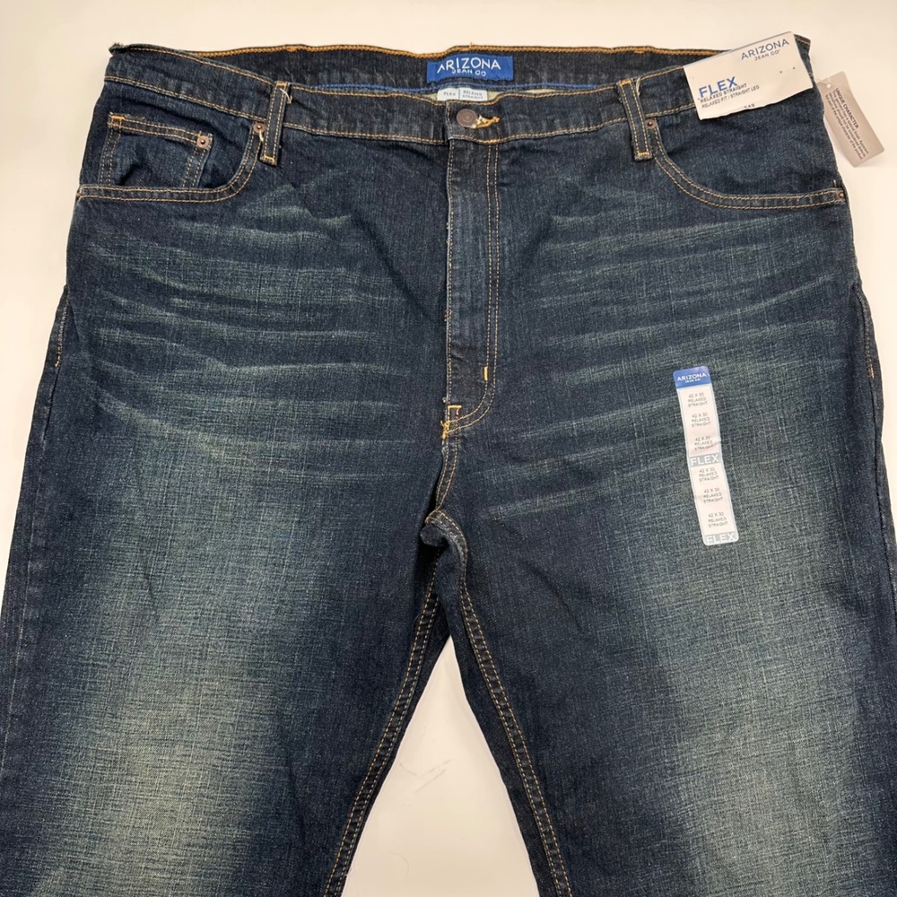 Arizona Jean Co Flex Relaxed Straight Jeans Mens 42x30 Dark Tint Blue Denim New